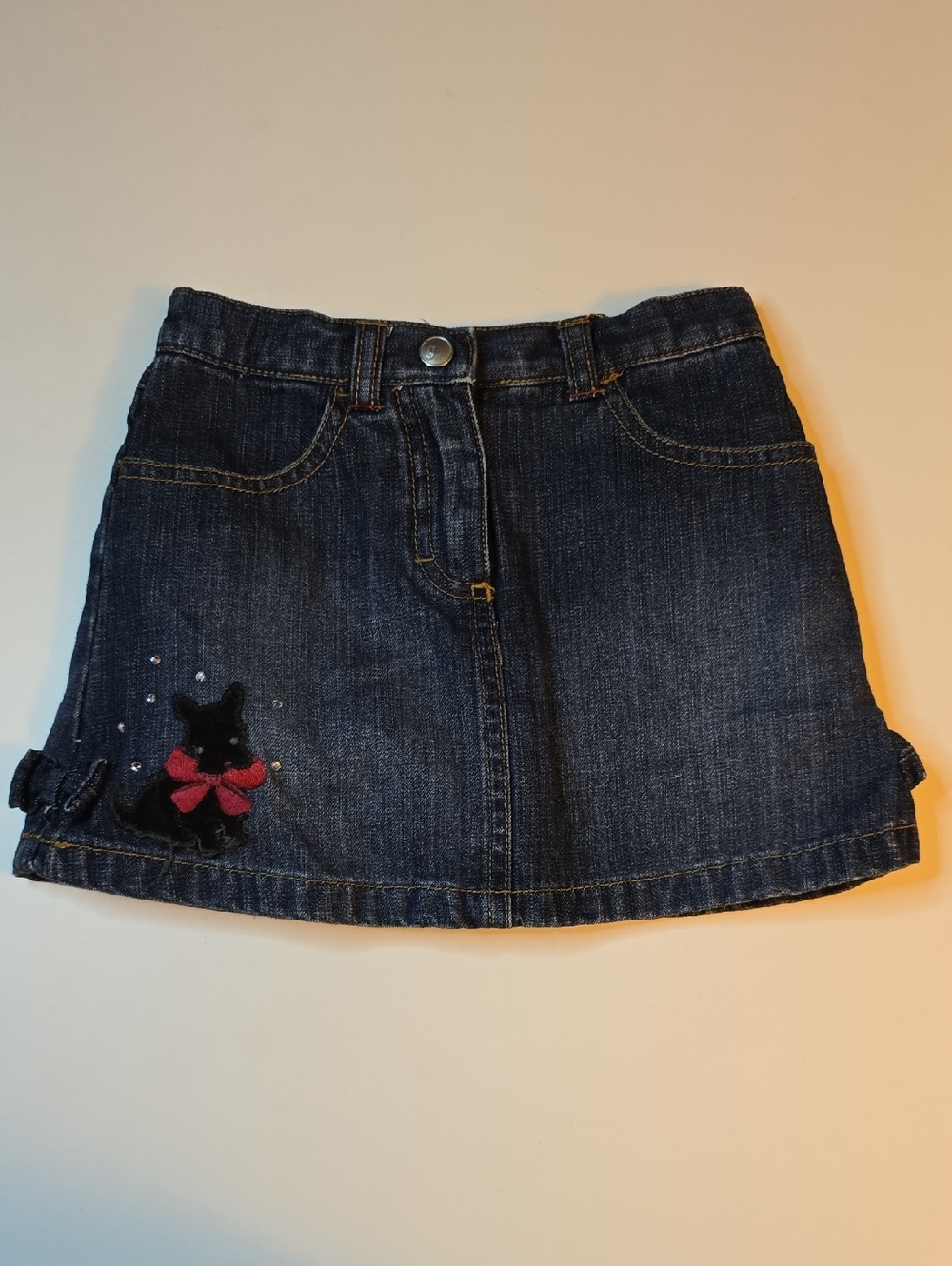 Gymboree Dark Wash Denim Skirt with Embroidered Black Dog and Pink Bow